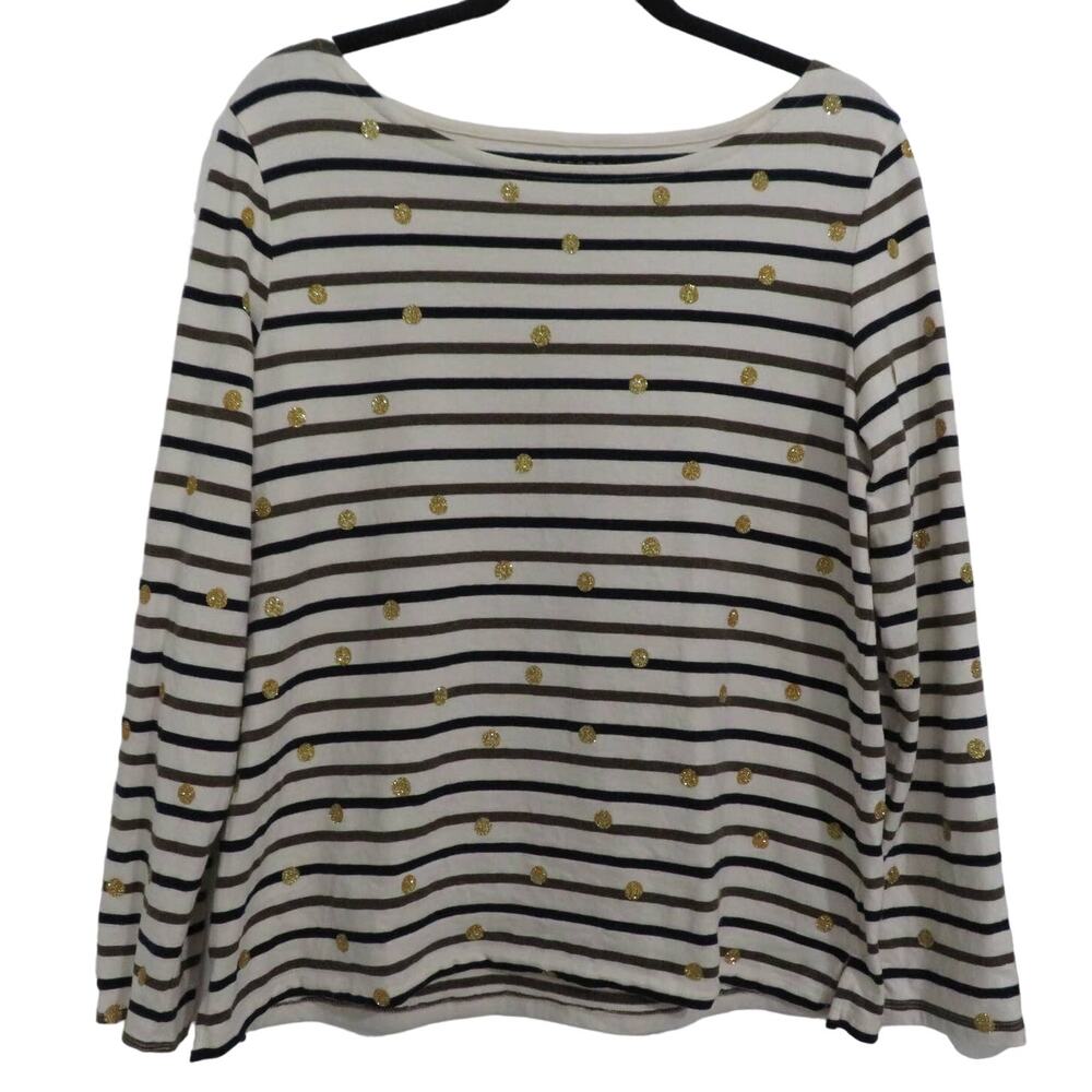 Talbots Women Sz L Cream Black Brown Stripe Dot Bateau top Gold Long Sleeve
